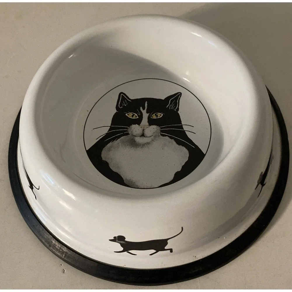 Vintage Tuxedo Black White Cat Metal Cat Dish With Mice Whimsical